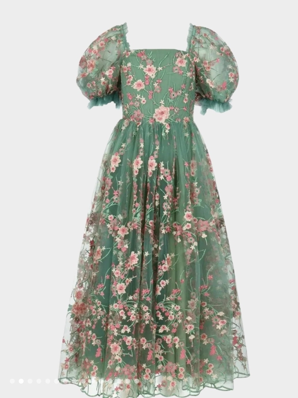 Blussing Green Floral Tulle Dress with Puff Sleeves